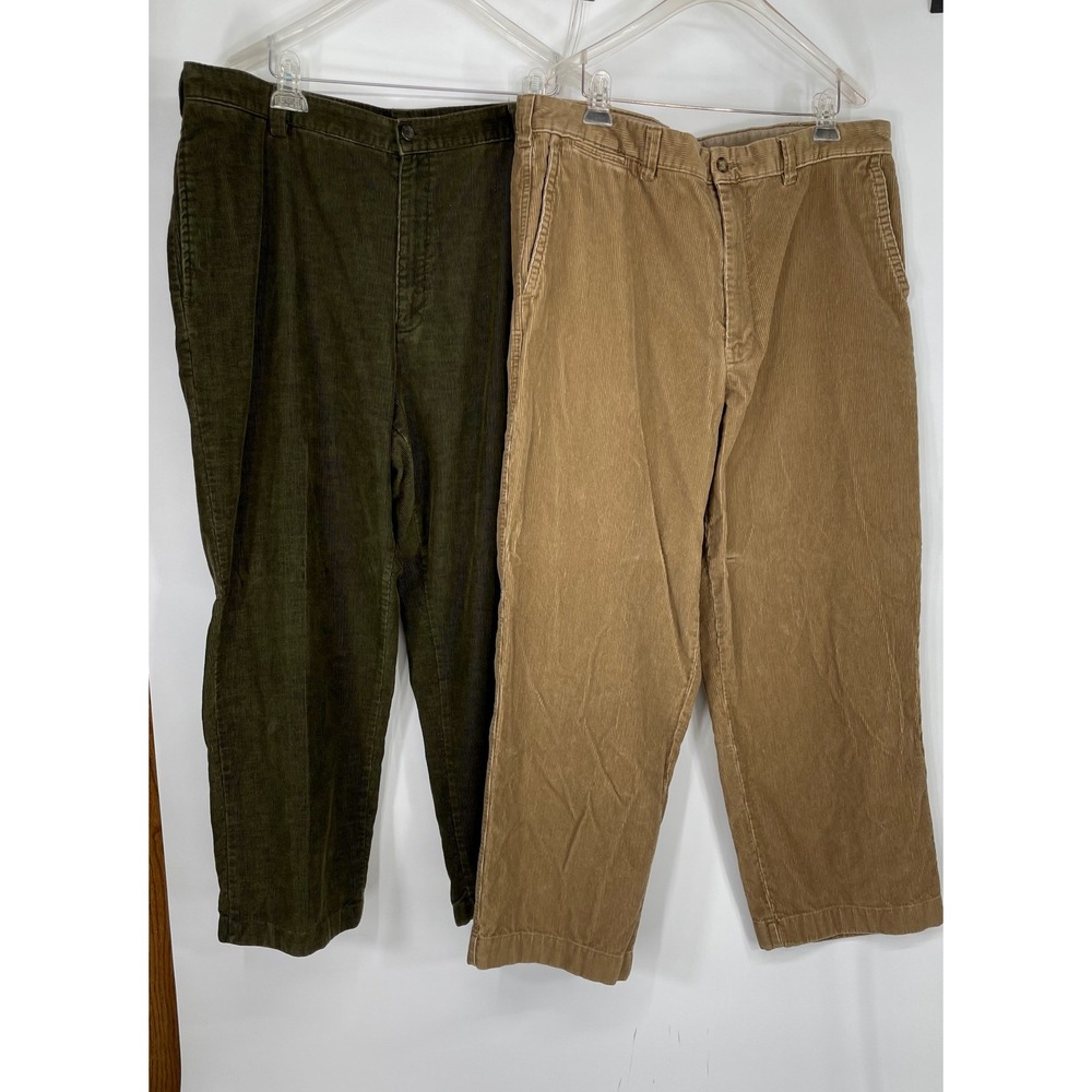 L.L. Bean Mens Pants 40x30 Lot of 2 Corduroy Green Tan Straight Leg Preppy